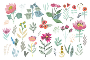 Vector Hand Drawn Flowers and Plants in Cute Color Palette. Hand drawn Vector Set. Colorful trendy illustration. All elements are isolated. Perfect For your own design.