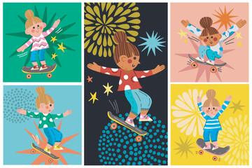 Vector Hand Drawn Cool set of Skateboard Girls. Adorable Characters in trendy style and color palette. 