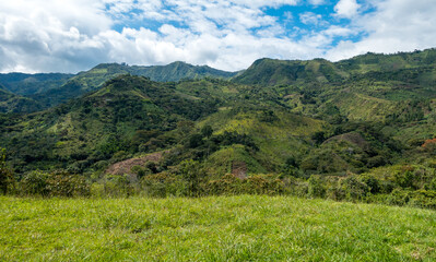 Fototapeta na wymiar Green landscape in the Colombian Highlands, Andes Mountains, Tierradentro, Colombia, South America