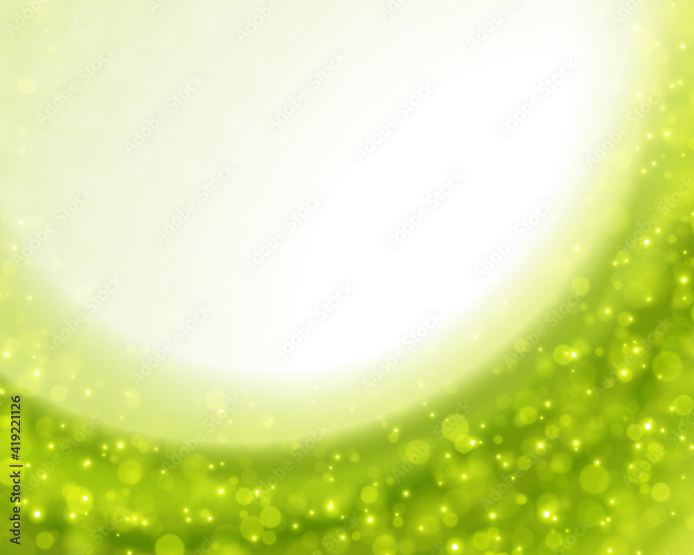 Wall mural star flash light with green particles vector background. geometric bubbles blurring from white explo