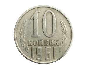 Russia ten kopeks coin on a white isolated background