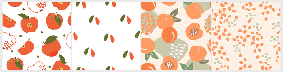 A set of artistic seamless patterns with abstract flowers, of simple shapes, apples, leaves, peaches in delicate red and orange tones. Vector illustration.