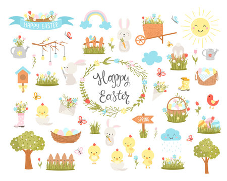 Set of Easter design elements. Easter cartoon characters and floral elements. For holiday decoration and spring greeting cards. Bunny, chickens, eggs and flowers. Vector illustration.