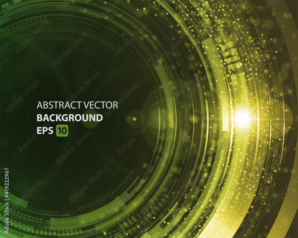 Wall mural digital green circles abstract vector background. tecno disc design with bright dynamic rings.