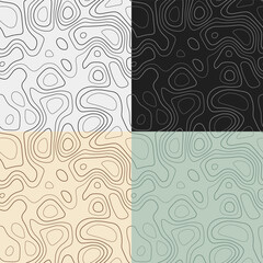Topography patterns. Seamless elevation map tiles. Attractive isoline background. Beautiful tileable patterns. Vector illustration.