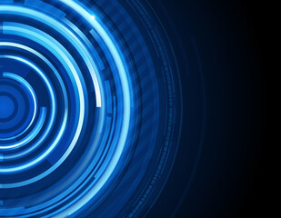 Abstract techno planet with digital rings vector background. Blue disc design with bright dynamic stripe.