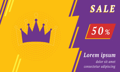 Sale promotion banner with place for your text. On the left is the crown symbol. Promotional text with discount percentage on the right side. Vector illustration on yellow background