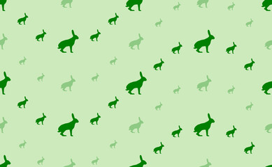 Seamless pattern of large and small green hare symbols. The elements are arranged in a wavy. Vector illustration on light green background