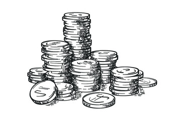 Stacks of coins isolated on white background. Money. Vector hand drawn vintage engraving illustration.