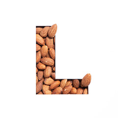 Nuts alphabet. Letter L of made of almonds and paper cut isolated on white. Typeface and healthy snack
