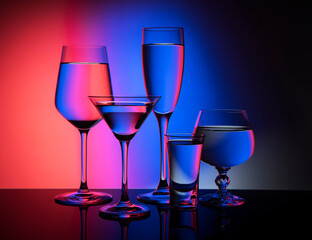Five glass goblets on a colored gradient background