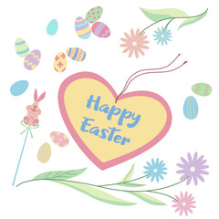Happy Easter lettering inside decorative frame. Easter decorations: eggs, flowers, Easter bunny. Top view composition. Vector illustration in pastel colors