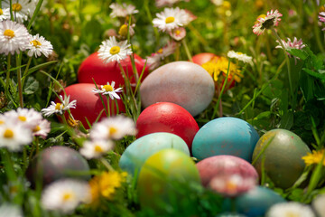 Easter decoration eggs in the garden outdoor