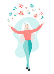 Happy girl with flowers. Girl throws flowers. Beauty woman with flowing hair. Hello spring. Cute hand-drawn flowers. 8 march, International Women's Day. Human characters on white background