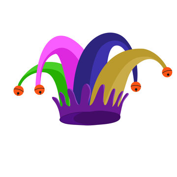 Jesters hat with purple, green, pink. Harley quinn hat with bells at the ends. Vector eps illustration.