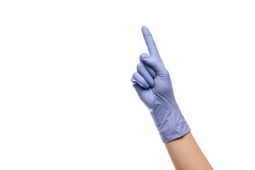 Gesture number one hand with latex glove on white isolated background.