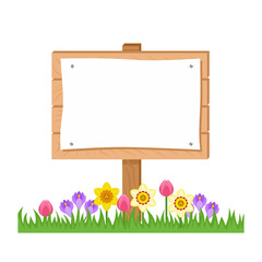 Wooden sign board with sheet of white paper Isolated on white background. Spring flowers and green grass. Vector cartoon Illustration of wooden banner with empty space. Flat icon.