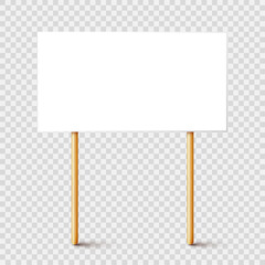Blank protest sign with wooden holder. Realistic vector demonstration banner. Strike action cardboard placard mockup.