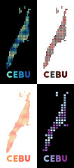 Cebu map. Collection of maps of Cebu in a dotted style. Borders of the island filled with rectangles for your design. Vector illustration.