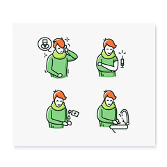 Flu color icons set.Hand washing .Vaccination. Hands disinfection.Call doctor.Health care.Isolated vector illustrations