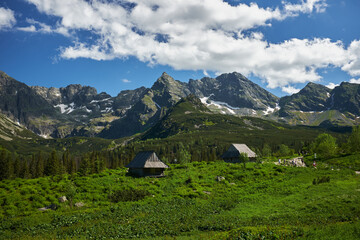 Fototapeta na wymiar Scenic panoramic view of mountains landscape with mountain houses