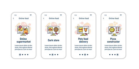 Fototapeta na wymiar Online food onboarding mobile app screens. Consists of online supermarket, dark store, pets fod delivery, pizza canstructor steps menu. Set of UI, UX, web template with RGB color linear icons