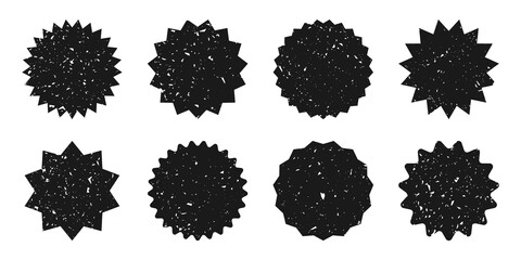 Black shopping labels with grunge texture. Vintage sale or discount sticker. Special offer price tag. Supermarket promotional badge. Vector sunburst icon.