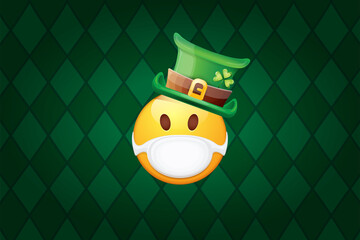 Vector Emoji sticker with mouth medical protection mask and saint Patricks green hat isolated on green horizontal background. Yellow st. Patricks smile face character with hat and white surgeon mask.