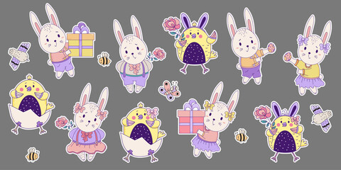 Set of colored stickers of cute animals and insects. Easter Bunnies and Chickens - a girl and a boy with a large gift box and a flower, bird, bees and butterflie. Vector. For design Happy Easter