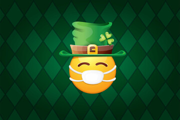Vector Emoji sticker with mouth medical protection mask and saint Patricks green hat isolated on green horizontal background. Yellow st. Patricks smile face character with hat and white surgeon mask.