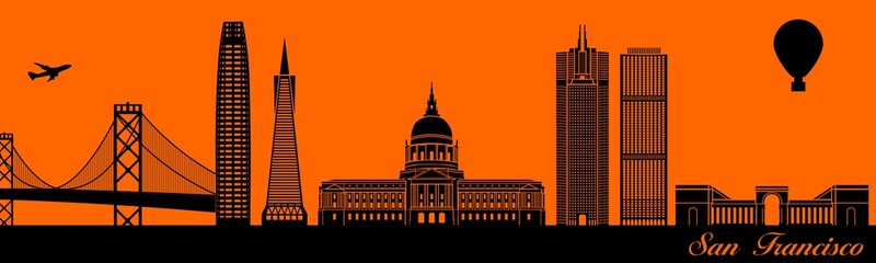 Vector city skyline silhouette - illustration, 
Town in orange background, 
San Francisco California