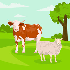 Sheep or dairy cow. cartoon vector cute animals on the farm. Sheep and cow for farm concept. lamb and calf on the background of the pasture. nature field background