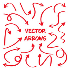 Red hand drawn arrows isolated on white background. Doodle arrow, zigzag and round pointers. Handmade sketches of direction symbols. Vector illustration.