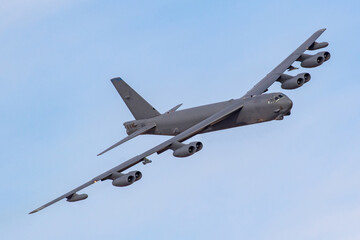 B52 Bomber. United States Air Force (USAF) B-52 heavy bomber turns towards the camera against a...