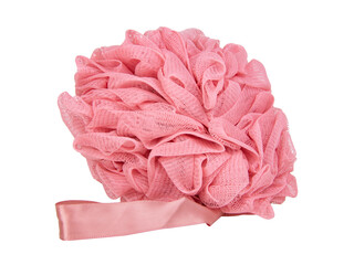 Pink puff sponge for shower bath isolated on the white background