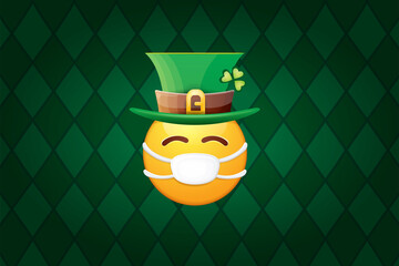 Vector Emoji sticker with mouth medical protection mask and saint Patricks green hat isolated on green horizontal background. Yellow st. Patricks smile face character with hat and white surgeon mask.