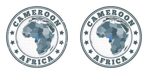 Cameroon round logos. Circular badges of country with map of Cameroon in world context. Plain and textured country stamps. Vector illustration.