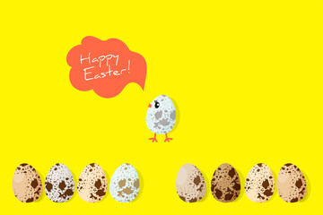 Quail eggs on a yellow background. Happy Easter. Vector, isolated.