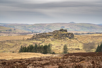 Bleak winter panoramic view of Baldstone, and Gib Torr in the Peak District National Park.
