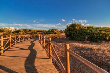 Weathered lumber path leading to calm sea during beautiful sunset