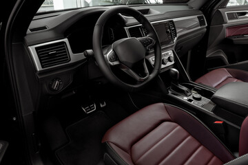 Luxury car Interior - steering wheel, shift lever, dashboard and touch screen