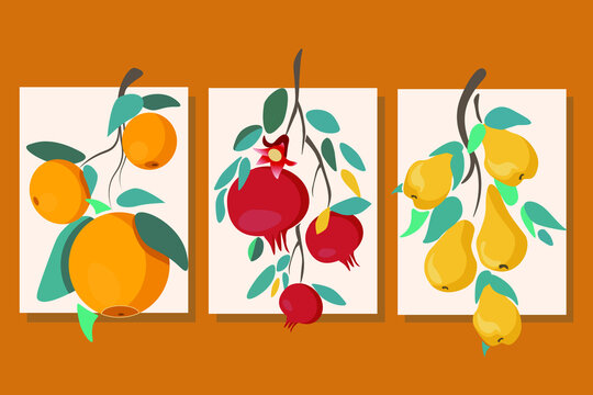 Vector triptych. Pomegranates, pears, oranges. Stylized fruits and leaves. Home decor. Yellow, green, red. Postcards, pictures, textiles. Background.