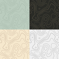 Topography patterns. Seamless elevation map tiles. Astonishing isoline background. Appealing tileable patterns. Vector illustration.
