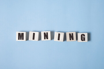 Letter block with blue color word data mining on wood background.