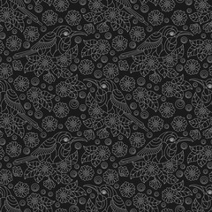 Seamless pattern with birds and flowers and leaves, light contours on a dark background