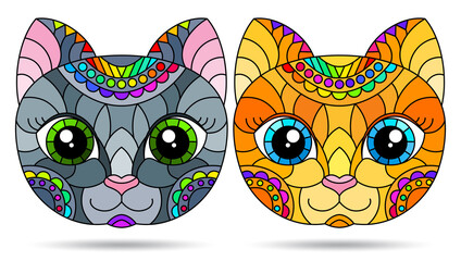 A set of illustrations in the stained glass style with the faces of cute cartoon cats, animals isolated on a white background