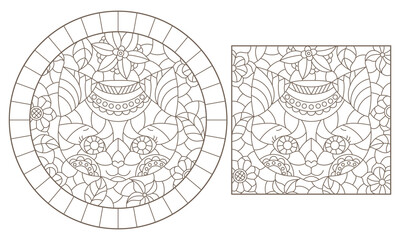 Set of contour illustrations of stained glass windows with portraits of kittens and flowers, dark outlines on a white background