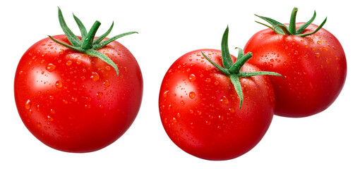 Tomato isolated. Tomatoes with drops on white background. Set of wet tomato. With clipping path.