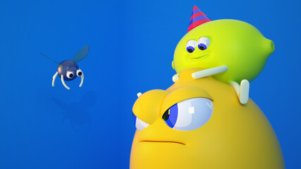 Father/mother lemon with happy baby son lemon on his head looks and protects angrily at a fluttering fly. 3D render illustration in funny cartoon style