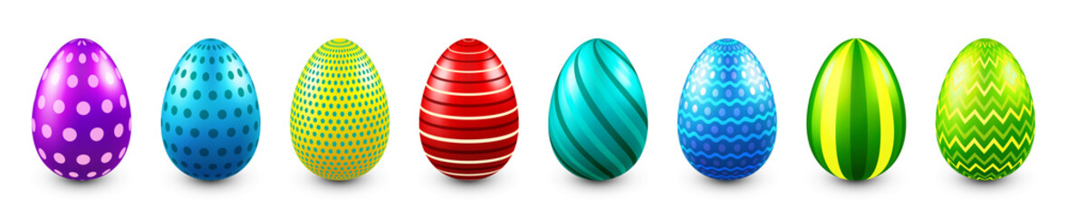 Colorful Easter eggs isolated on white background. Seasonal spring decoration element. Egg hunt game. Vector illustration.